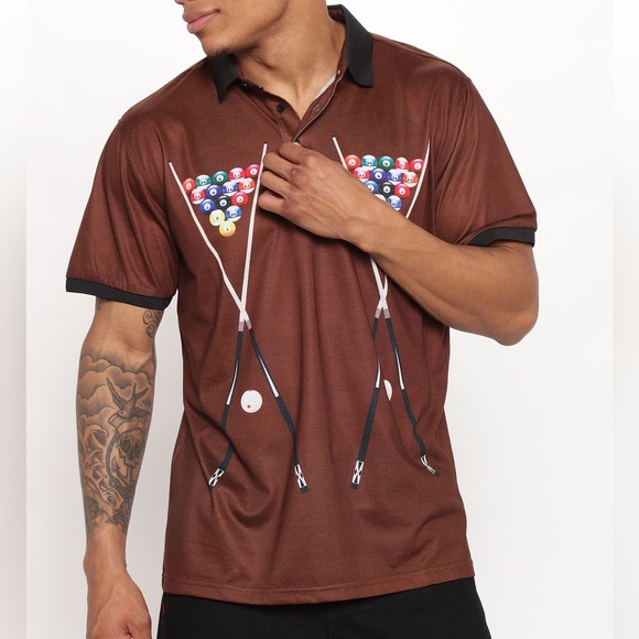 💥3/$15💥NWT - Fashion Nova Men Cue Club Short Sleeve Polo, Brown - Medium - Picture 1 of 13